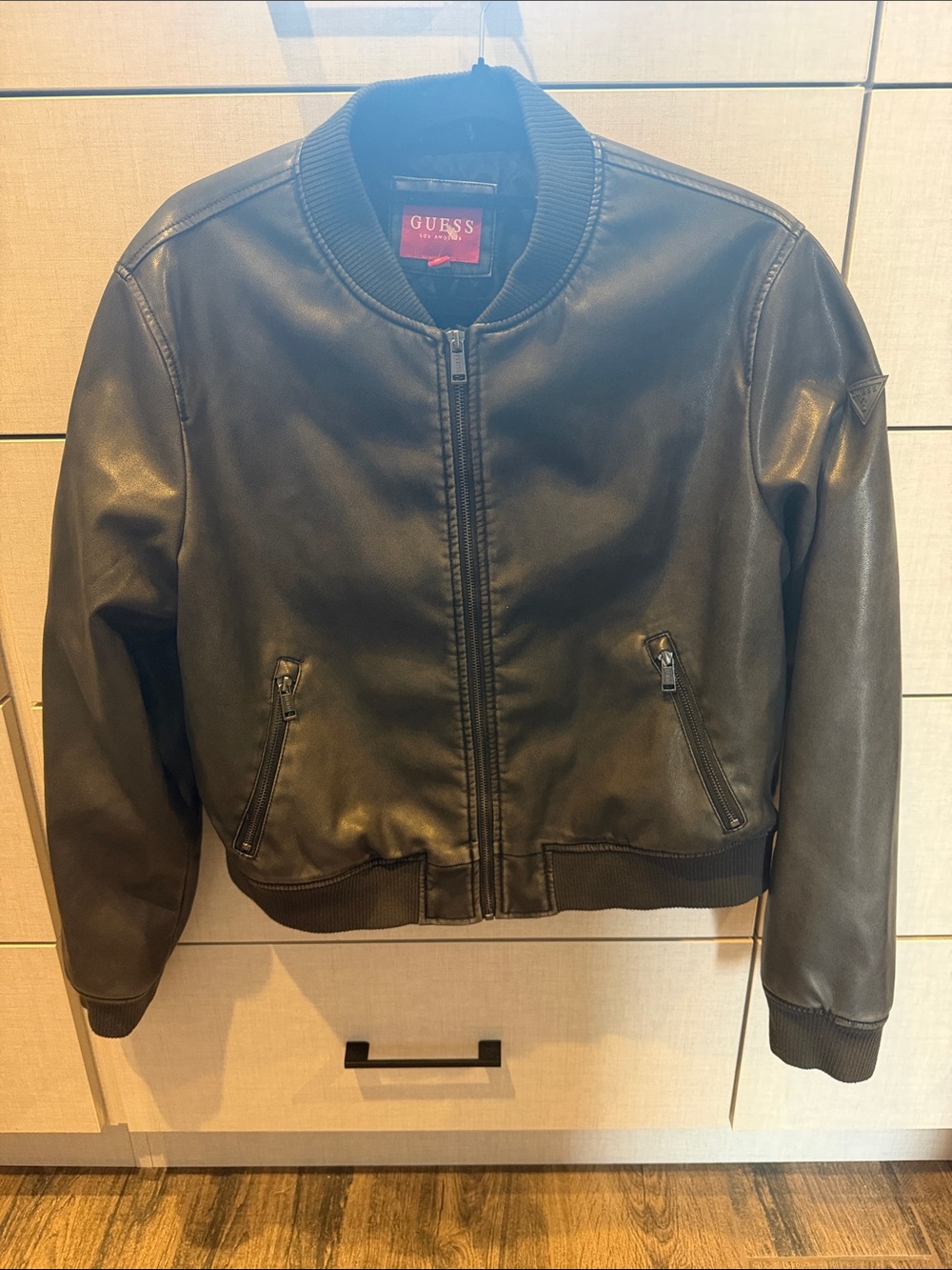 GUESS Black Faux Leather Bomber Jacket
